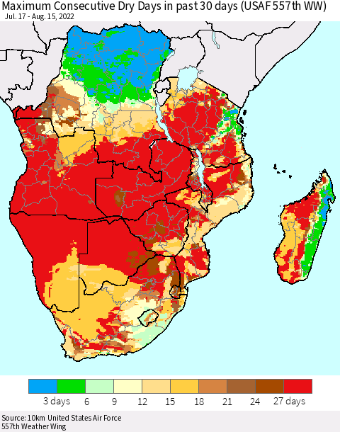 Southern Africa Maximum Consecutive Dry Days in past 30 days (USAF 557th WW) 08/15/2022 Thematic Map For 8/11/2022 - 8/15/2022