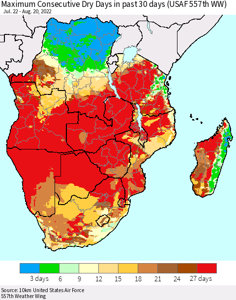 Southern Africa Maximum Consecutive Dry Days in past 30 days (USAF 557th WW) 08/20/2022 Thematic Map For 8/16/2022 - 8/20/2022
