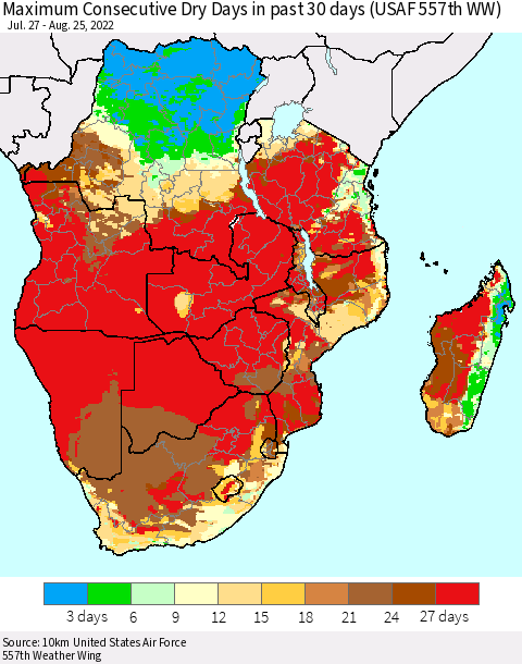Southern Africa Maximum Consecutive Dry Days in past 30 days (USAF 557th WW) 08/25/2022 Thematic Map For 8/21/2022 - 8/25/2022