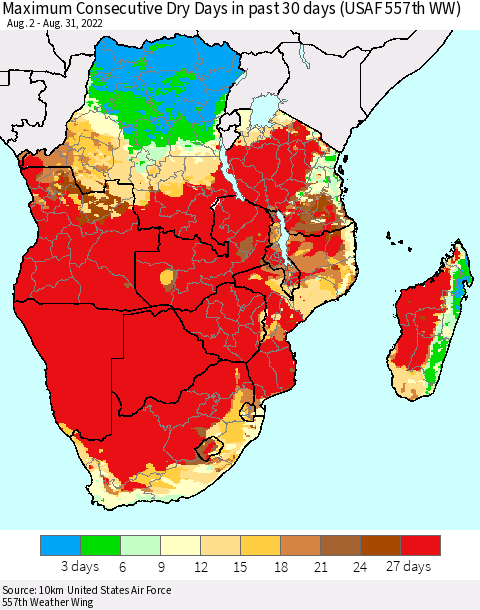 Southern Africa Maximum Consecutive Dry Days in past 30 days (USAF 557th WW) 08/31/2022 Thematic Map For 8/26/2022 - 8/31/2022