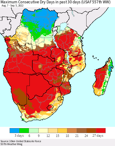 Southern Africa Maximum Consecutive Dry Days in past 30 days (USAF 557th WW) 09/05/2022 Thematic Map For 9/1/2022 - 9/5/2022