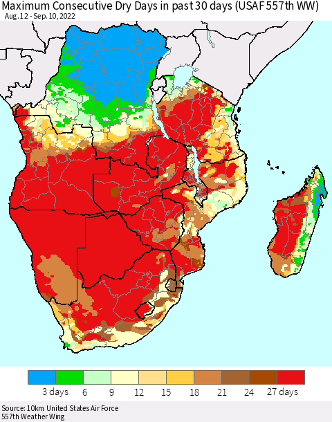 Southern Africa Maximum Consecutive Dry Days in past 30 days (USAF 557th WW) 09/10/2022 Thematic Map For 9/6/2022 - 9/10/2022