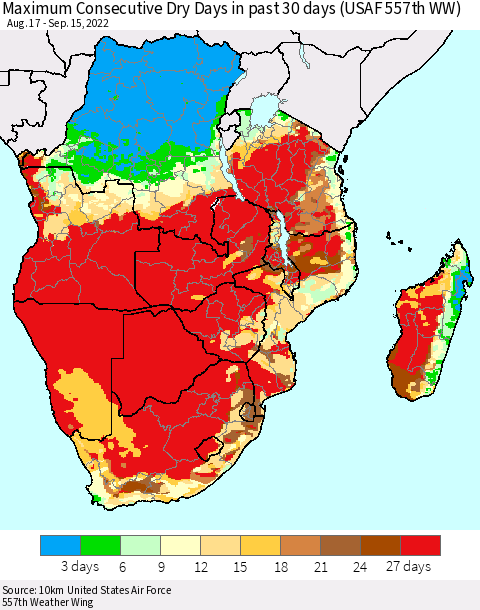 Southern Africa Maximum Consecutive Dry Days in past 30 days (USAF 557th WW) 09/15/2022 Thematic Map For 9/11/2022 - 9/15/2022