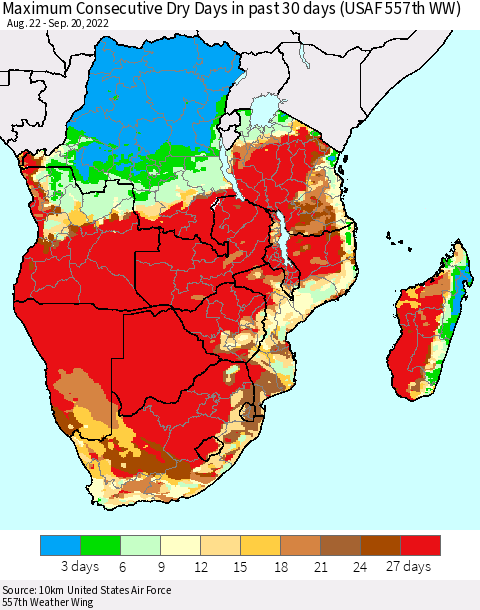 Southern Africa Maximum Consecutive Dry Days in past 30 days (USAF 557th WW) 09/20/2022 Thematic Map For 9/16/2022 - 9/20/2022