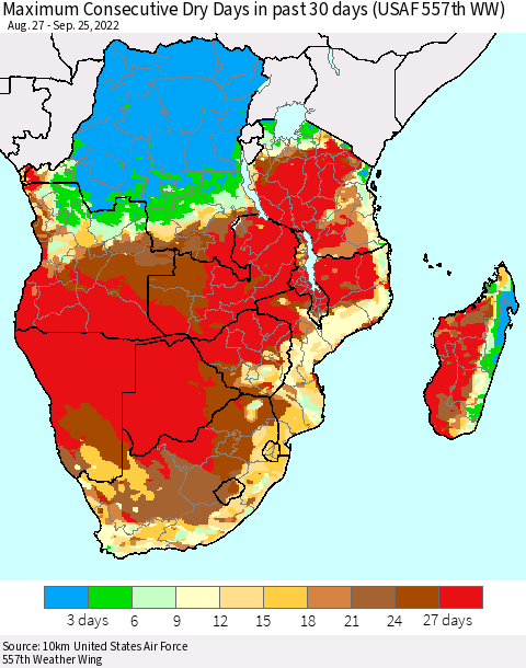 Southern Africa Maximum Consecutive Dry Days in past 30 days (USAF 557th WW) 09/25/2022 Thematic Map For 9/21/2022 - 9/25/2022