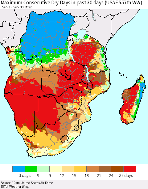 Southern Africa Maximum Consecutive Dry Days in past 30 days (USAF 557th WW) 09/30/2022 Thematic Map For 9/26/2022 - 9/30/2022