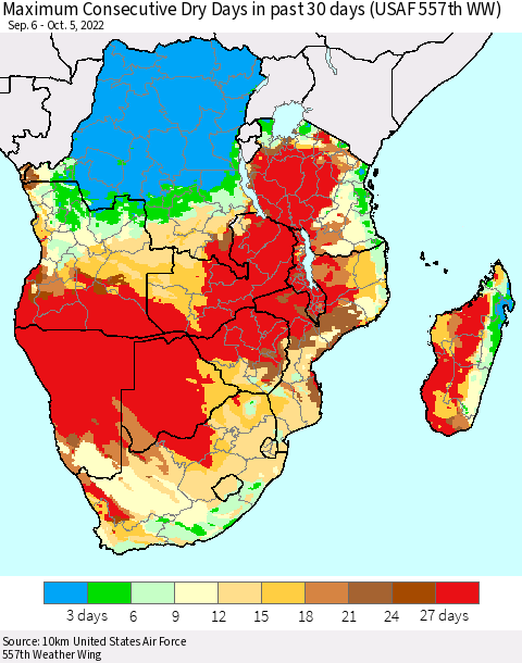 Southern Africa Maximum Consecutive Dry Days in past 30 days (USAF 557th WW) 10/05/2022 Thematic Map For 10/1/2022 - 10/5/2022