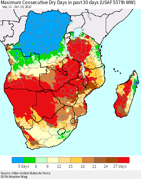 Southern Africa Maximum Consecutive Dry Days in past 30 days (USAF 557th WW) 10/10/2022 Thematic Map For 10/6/2022 - 10/10/2022