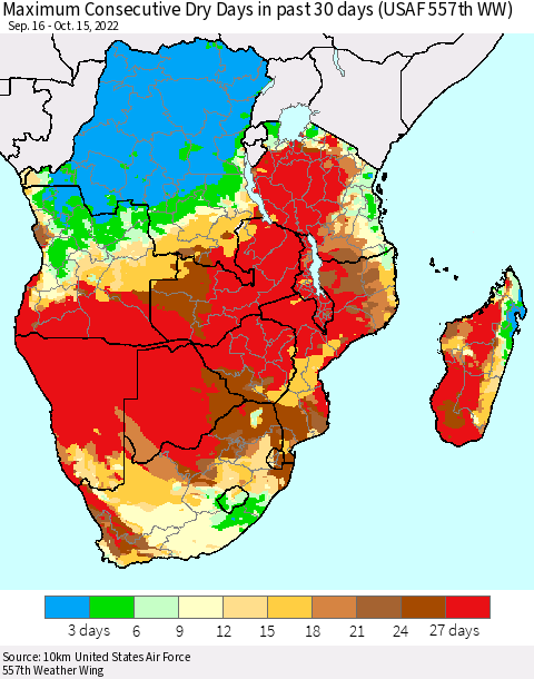 Southern Africa Maximum Consecutive Dry Days in past 30 days (USAF 557th WW) 10/15/2022 Thematic Map For 10/11/2022 - 10/15/2022