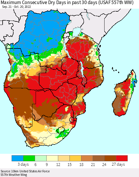 Southern Africa Maximum Consecutive Dry Days in past 30 days (USAF 557th WW) 10/20/2022 Thematic Map For 10/16/2022 - 10/20/2022