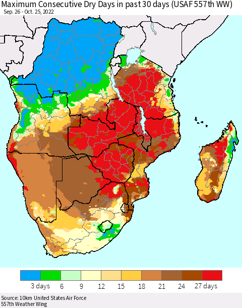 Southern Africa Maximum Consecutive Dry Days in past 30 days (USAF 557th WW) 10/25/2022 Thematic Map For 10/21/2022 - 10/25/2022
