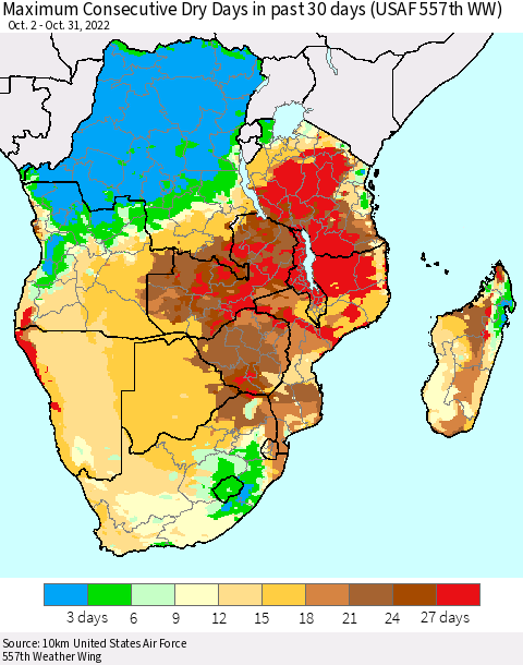 Southern Africa Maximum Consecutive Dry Days in past 30 days (USAF 557th WW) 10/31/2022 Thematic Map For 10/26/2022 - 10/31/2022