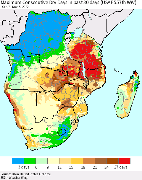 Southern Africa Maximum Consecutive Dry Days in past 30 days (USAF 557th WW) 11/05/2022 Thematic Map For 11/1/2022 - 11/5/2022