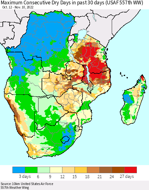Southern Africa Maximum Consecutive Dry Days in past 30 days (USAF 557th WW) 11/10/2022 Thematic Map For 11/6/2022 - 11/10/2022
