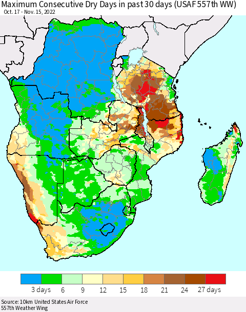 Southern Africa Maximum Consecutive Dry Days in past 30 days (USAF 557th WW) 11/15/2022 Thematic Map For 11/11/2022 - 11/15/2022