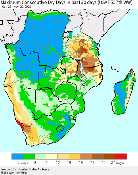 Southern Africa Maximum Consecutive Dry Days in past 30 days (USAF 557th WW) 11/20/2022 Thematic Map For 11/16/2022 - 11/20/2022