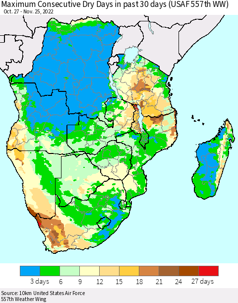 Southern Africa Maximum Consecutive Dry Days in past 30 days (USAF 557th WW) 11/25/2022 Thematic Map For 11/21/2022 - 11/25/2022