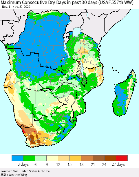 Southern Africa Maximum Consecutive Dry Days in past 30 days (USAF 557th WW) 11/30/2022 Thematic Map For 11/26/2022 - 11/30/2022