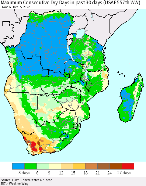 Southern Africa Maximum Consecutive Dry Days in past 30 days (USAF 557th WW) 12/05/2022 Thematic Map For 12/1/2022 - 12/5/2022