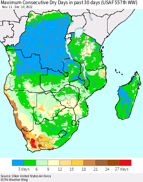 Southern Africa Maximum Consecutive Dry Days in past 30 days (USAF 557th WW) 12/10/2022 Thematic Map For 12/6/2022 - 12/10/2022