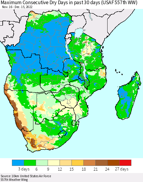 Southern Africa Maximum Consecutive Dry Days in past 30 days (USAF 557th WW) 12/15/2022 Thematic Map For 12/11/2022 - 12/15/2022