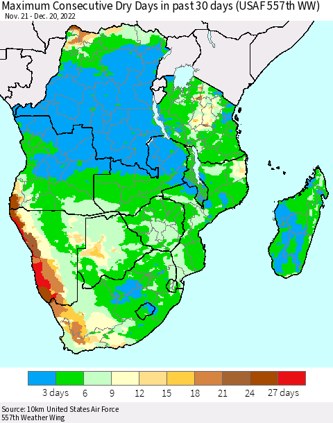 Southern Africa Maximum Consecutive Dry Days in past 30 days (USAF 557th WW) 12/20/2022 Thematic Map For 12/16/2022 - 12/20/2022