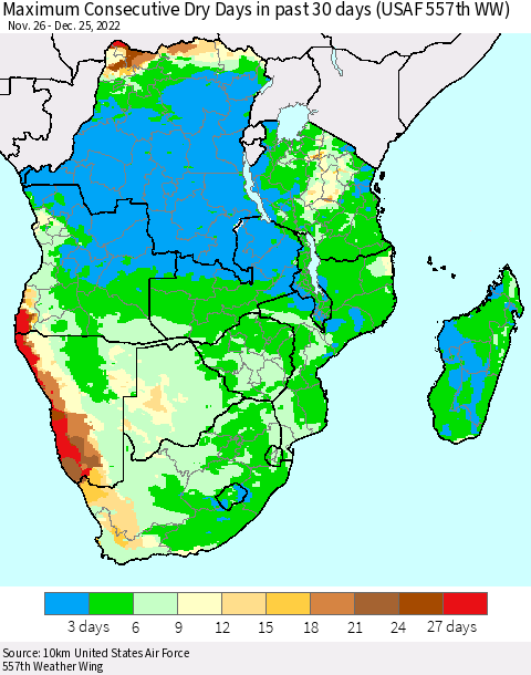 Southern Africa Maximum Consecutive Dry Days in past 30 days (USAF 557th WW) 12/25/2022 Thematic Map For 12/21/2022 - 12/25/2022