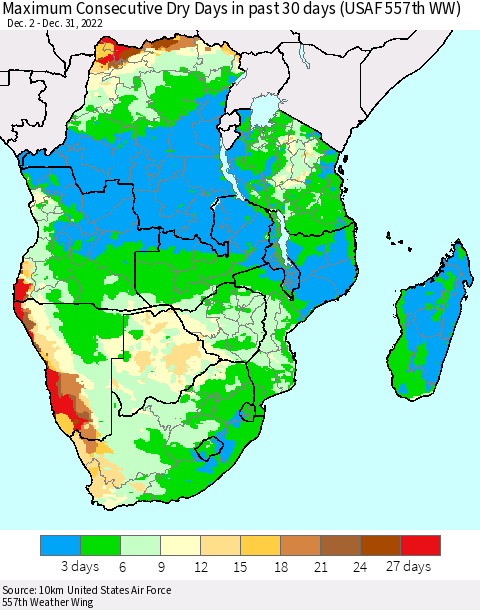 Southern Africa Maximum Consecutive Dry Days in past 30 days (USAF 557th WW) 12/31/2022 Thematic Map For 12/26/2022 - 12/31/2022