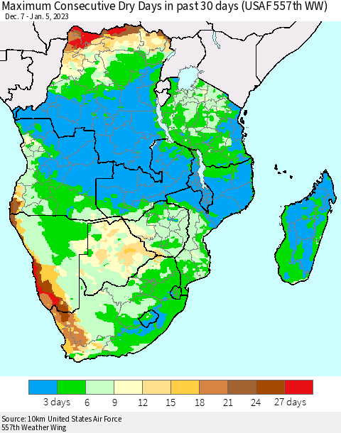 Southern Africa Maximum Consecutive Dry Days in past 30 days (USAF 557th WW) 01/05/2023 Thematic Map For 1/1/2023 - 1/5/2023
