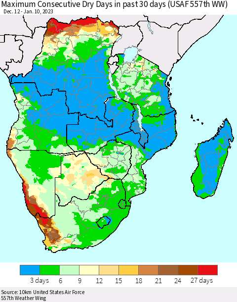 Southern Africa Maximum Consecutive Dry Days in past 30 days (USAF 557th WW) 01/10/2023 Thematic Map For 1/6/2023 - 1/10/2023