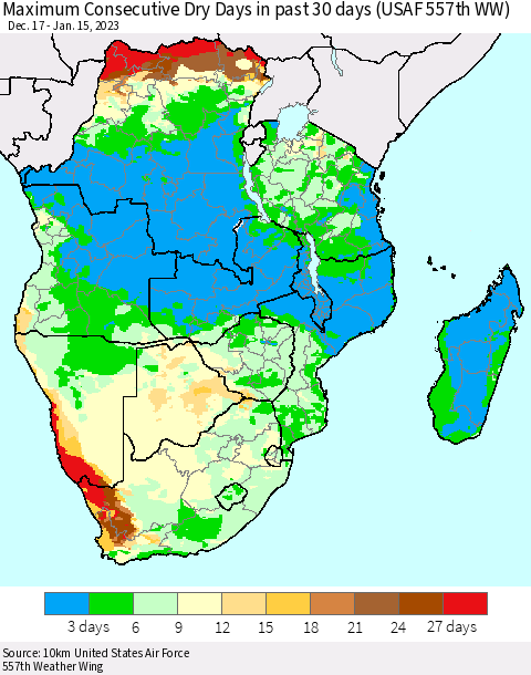 Southern Africa Maximum Consecutive Dry Days in past 30 days (USAF 557th WW) 01/15/2023 Thematic Map For 1/11/2023 - 1/15/2023