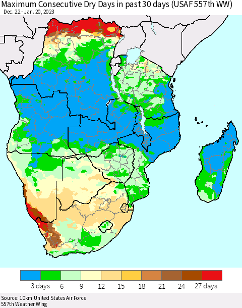 Southern Africa Maximum Consecutive Dry Days in past 30 days (USAF 557th WW) 01/20/2023 Thematic Map For 1/16/2023 - 1/20/2023