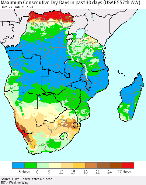 Southern Africa Maximum Consecutive Dry Days in past 30 days (USAF 557th WW) 01/25/2023 Thematic Map For 1/21/2023 - 1/25/2023