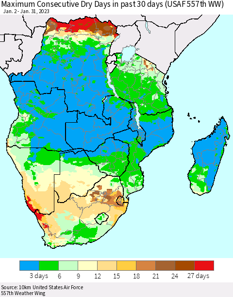 Southern Africa Maximum Consecutive Dry Days in past 30 days (USAF 557th WW) 01/31/2023 Thematic Map For 1/26/2023 - 1/31/2023
