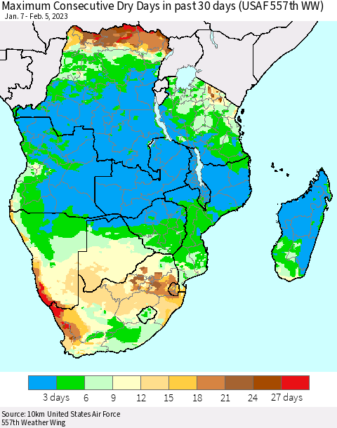 Southern Africa Maximum Consecutive Dry Days in past 30 days (USAF 557th WW) 02/05/2023 Thematic Map For 2/1/2023 - 2/5/2023