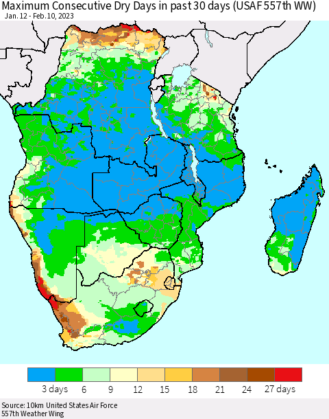 Southern Africa Maximum Consecutive Dry Days in past 30 days (USAF 557th WW) 02/10/2023 Thematic Map For 2/6/2023 - 2/10/2023