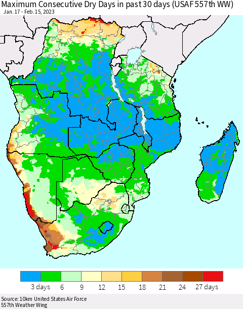 Southern Africa Maximum Consecutive Dry Days in past 30 days (USAF 557th WW) 02/15/2023 Thematic Map For 2/11/2023 - 2/15/2023
