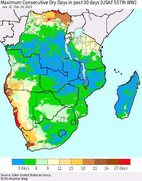 Southern Africa Maximum Consecutive Dry Days in past 30 days (USAF 557th WW) 02/20/2023 Thematic Map For 2/16/2023 - 2/20/2023
