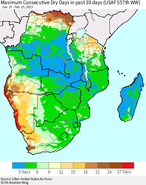 Southern Africa Maximum Consecutive Dry Days in past 30 days (USAF 557th WW) 02/25/2023 Thematic Map For 2/21/2023 - 2/25/2023