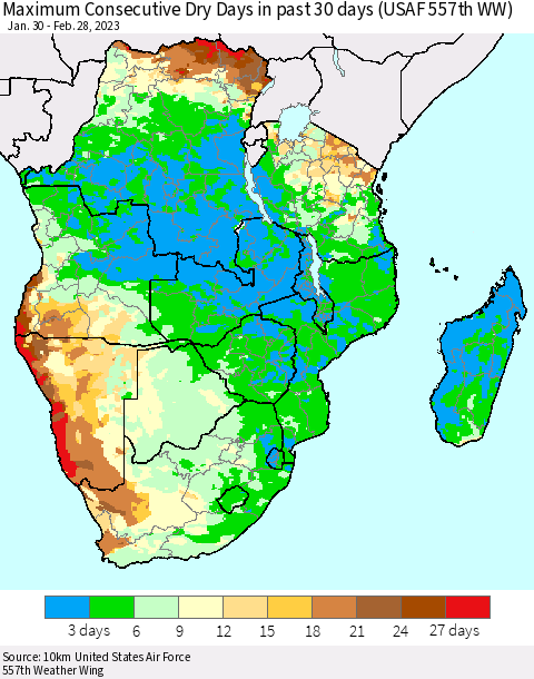Southern Africa Maximum Consecutive Dry Days in past 30 days (USAF 557th WW) 02/28/2023 Thematic Map For 2/26/2023 - 2/28/2023