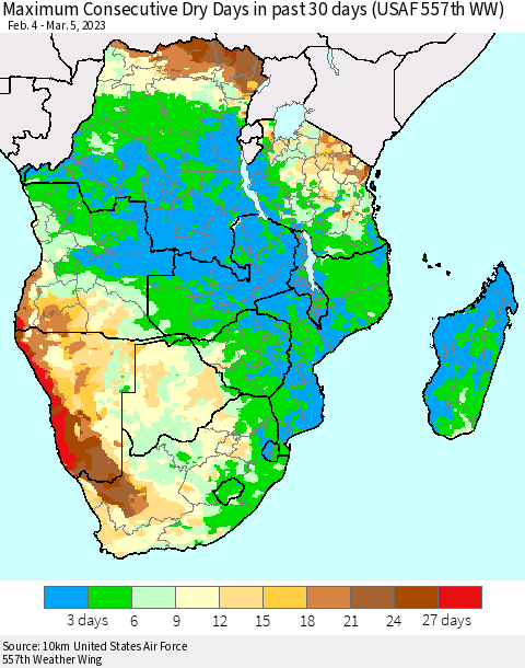 Southern Africa Maximum Consecutive Dry Days in past 30 days (USAF 557th WW) 03/05/2023 Thematic Map For 3/1/2023 - 3/5/2023