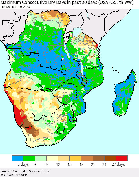 Southern Africa Maximum Consecutive Dry Days in past 30 days (USAF 557th WW) 03/10/2023 Thematic Map For 3/6/2023 - 3/10/2023