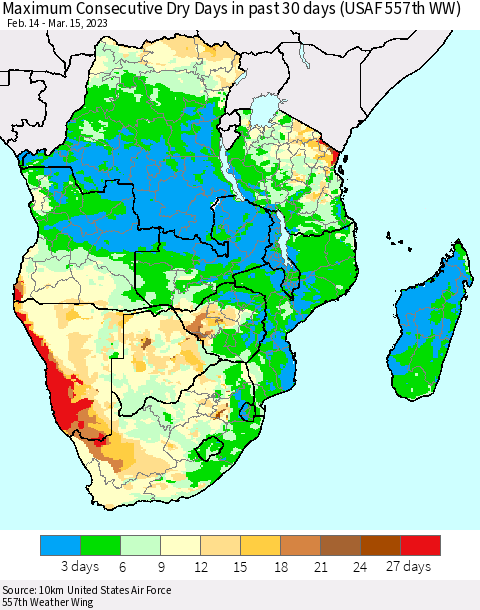 Southern Africa Maximum Consecutive Dry Days in past 30 days (USAF 557th WW) 03/15/2023 Thematic Map For 3/11/2023 - 3/15/2023