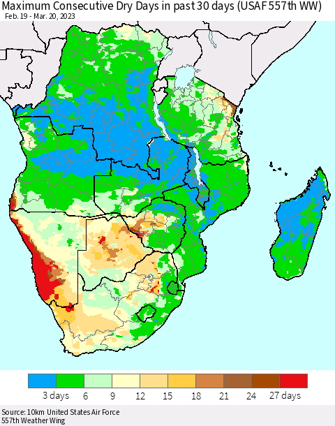 Southern Africa Maximum Consecutive Dry Days in past 30 days (USAF 557th WW) 03/20/2023 Thematic Map For 3/16/2023 - 3/20/2023