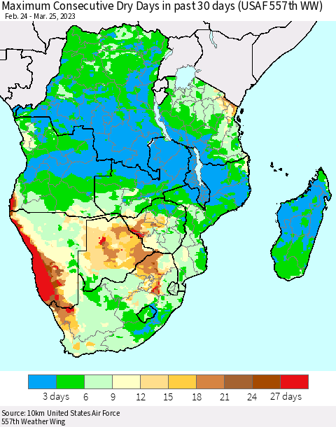 Southern Africa Maximum Consecutive Dry Days in past 30 days (USAF 557th WW) 03/25/2023 Thematic Map For 3/21/2023 - 3/25/2023