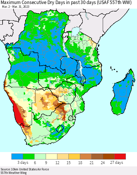 Southern Africa Maximum Consecutive Dry Days in past 30 days (USAF 557th WW) 03/31/2023 Thematic Map For 3/26/2023 - 3/31/2023