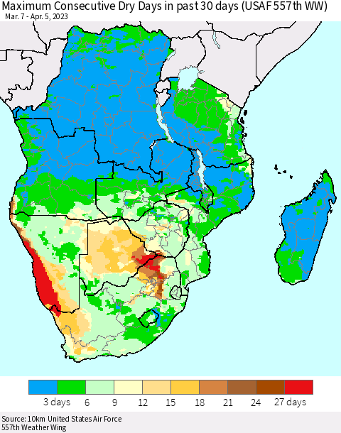 Southern Africa Maximum Consecutive Dry Days in past 30 days (USAF 557th WW) 04/05/2023 Thematic Map For 4/1/2023 - 4/5/2023