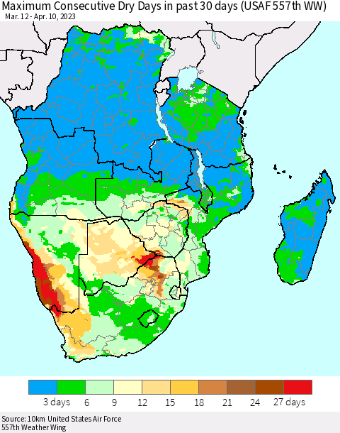 Southern Africa Maximum Consecutive Dry Days in past 30 days (USAF 557th WW) 04/10/2023 Thematic Map For 4/6/2023 - 4/10/2023