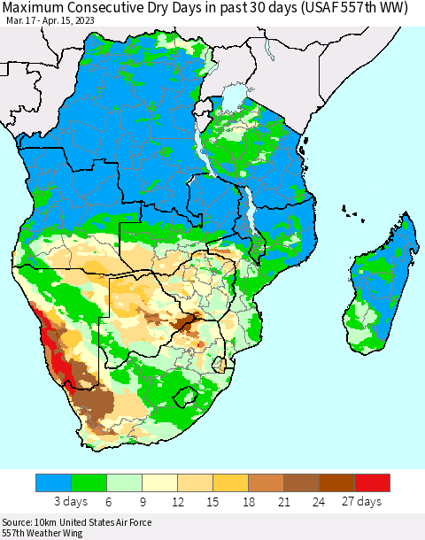 Southern Africa Maximum Consecutive Dry Days in past 30 days (USAF 557th WW) 04/15/2023 Thematic Map For 4/11/2023 - 4/15/2023