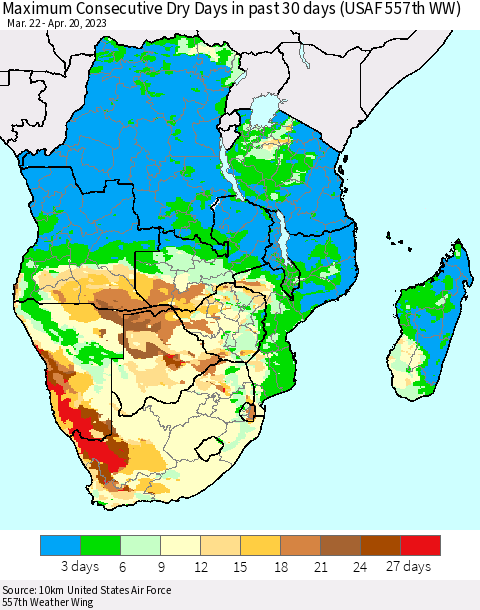 Southern Africa Maximum Consecutive Dry Days in past 30 days (USAF 557th WW) 04/20/2023 Thematic Map For 4/16/2023 - 4/20/2023